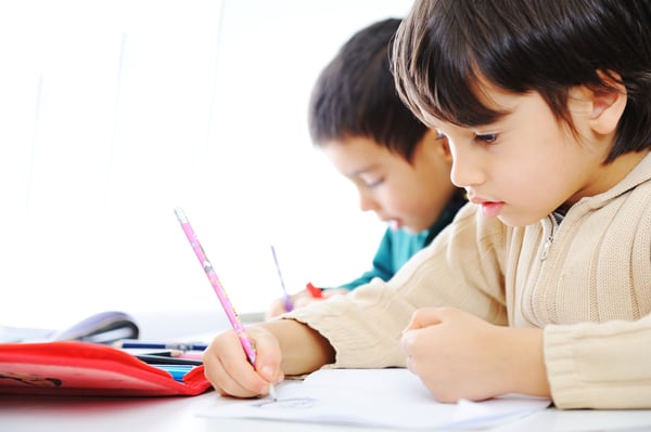 Two cute school boys working on their homework together